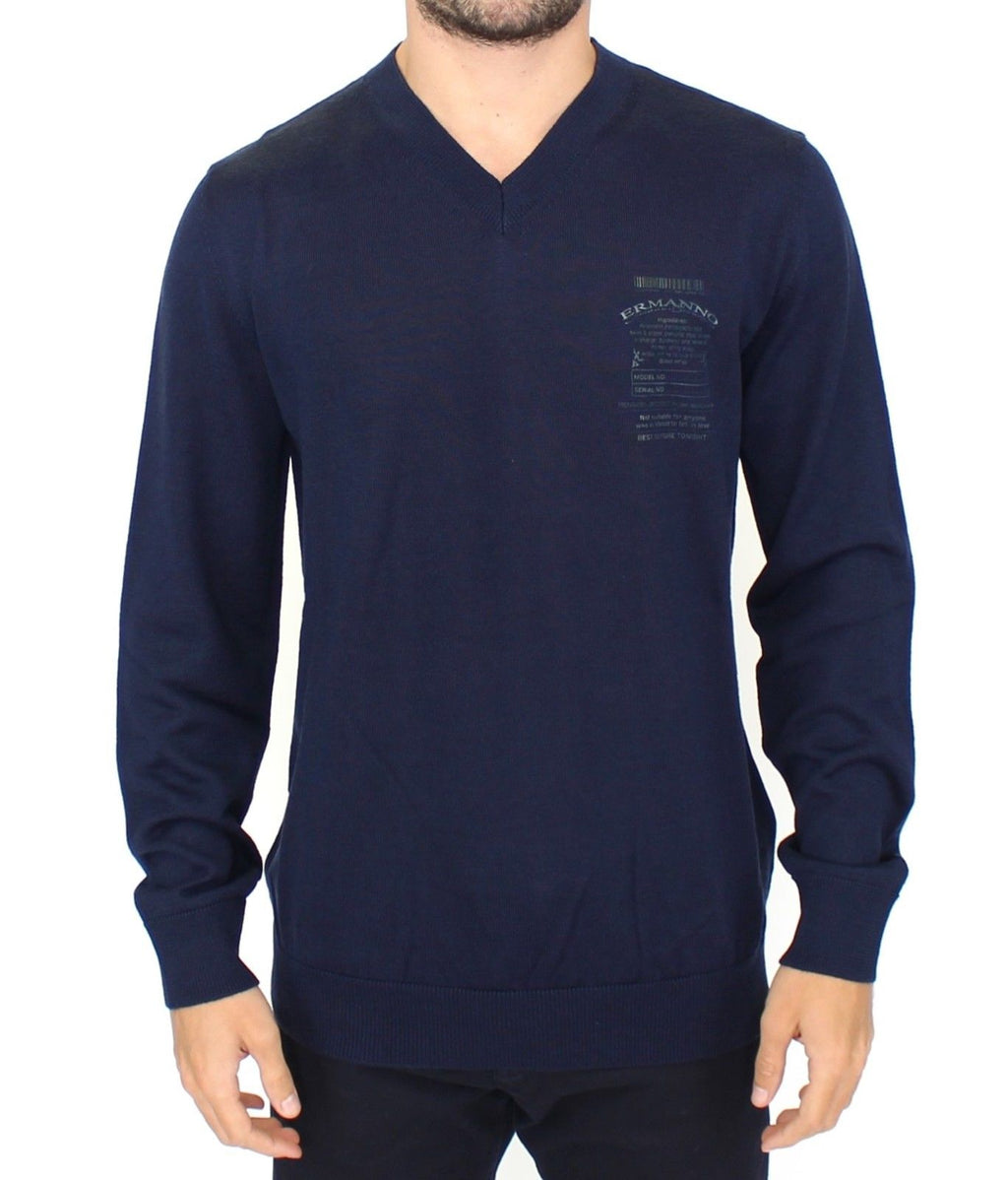 Blue Wool Blend V-neck Pullover Sweater - X excelência