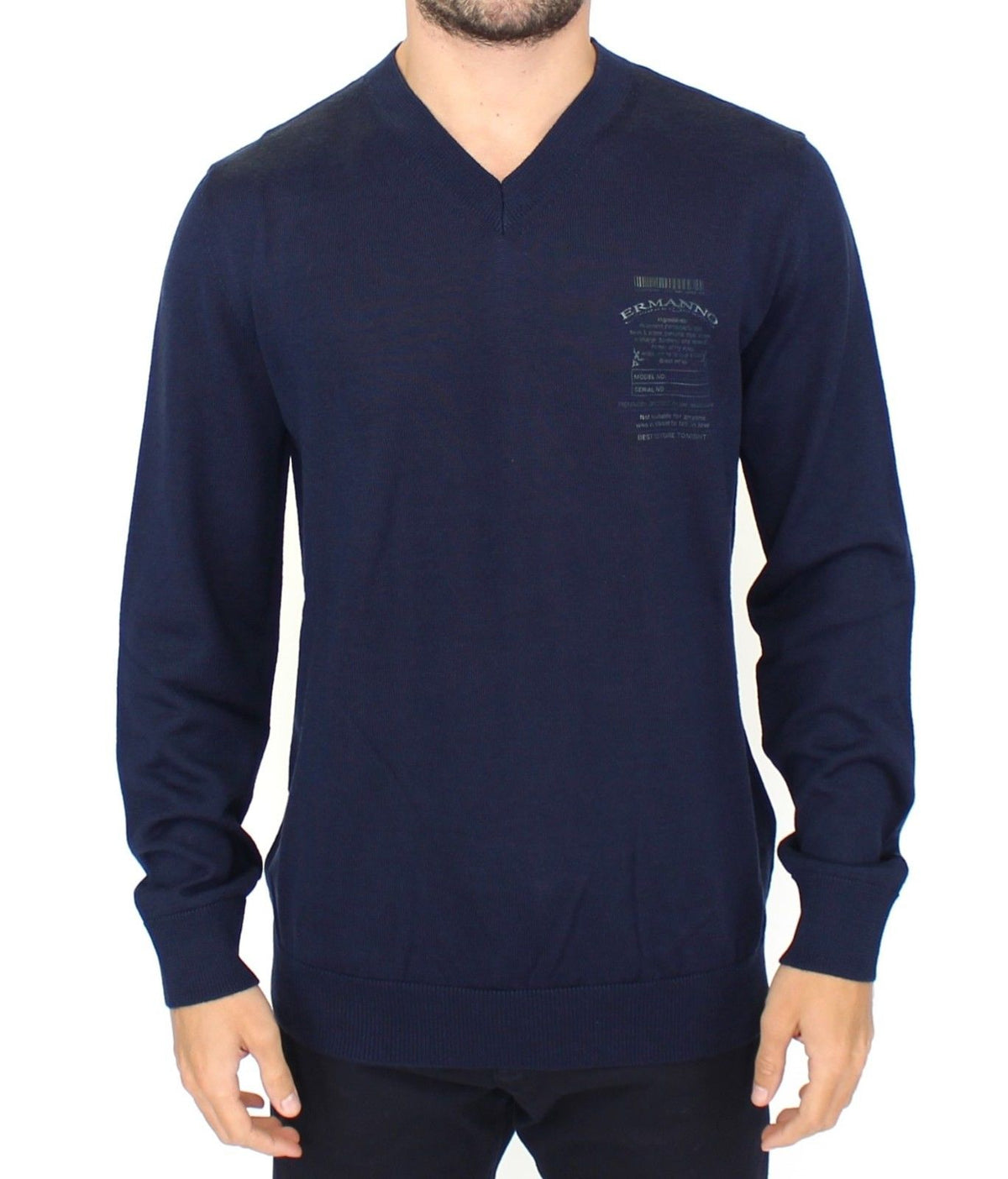 Blue Wool Blend V-neck Pullover Sweater - X excelência