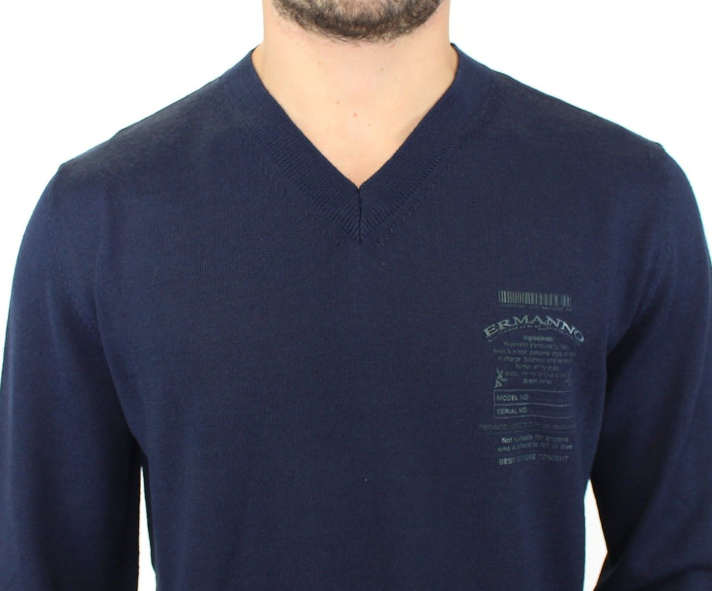 Blue Wool Blend V-neck Pullover Sweater - X excelência