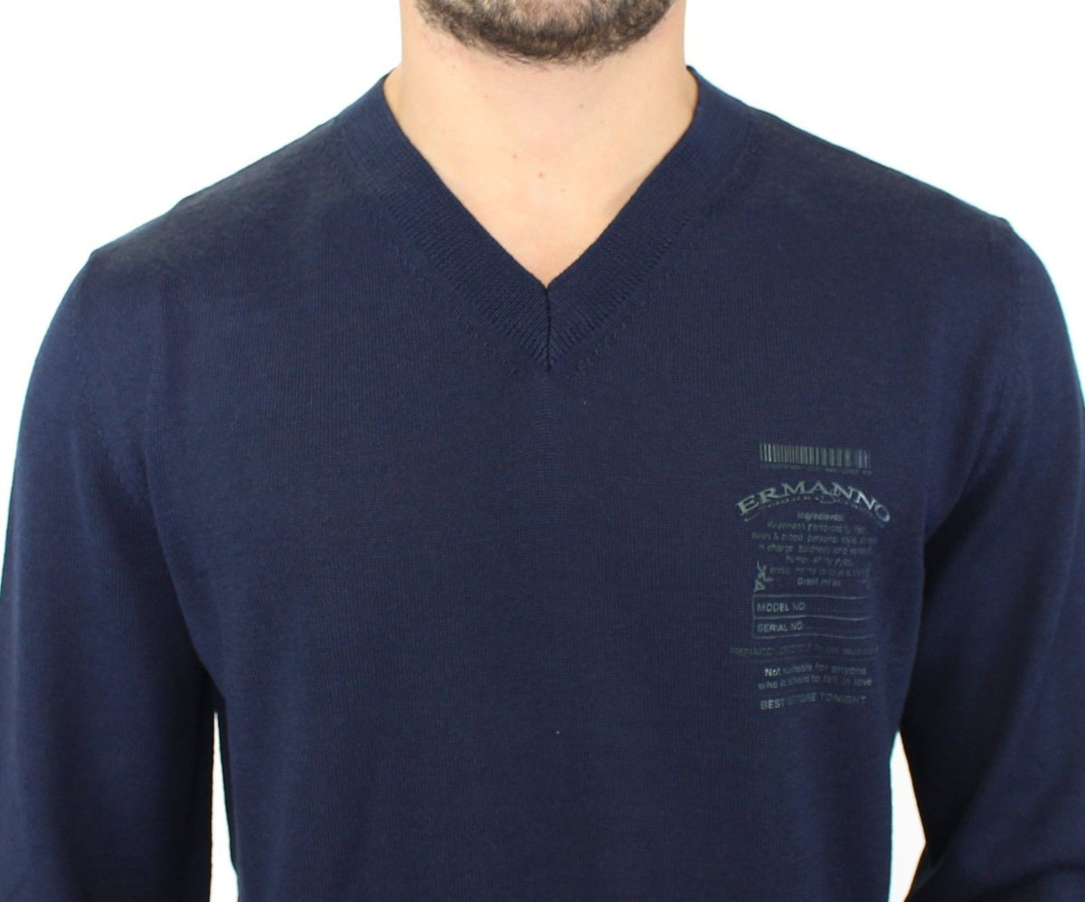 Blue Wool Blend V-neck Pullover Sweater - X excelência