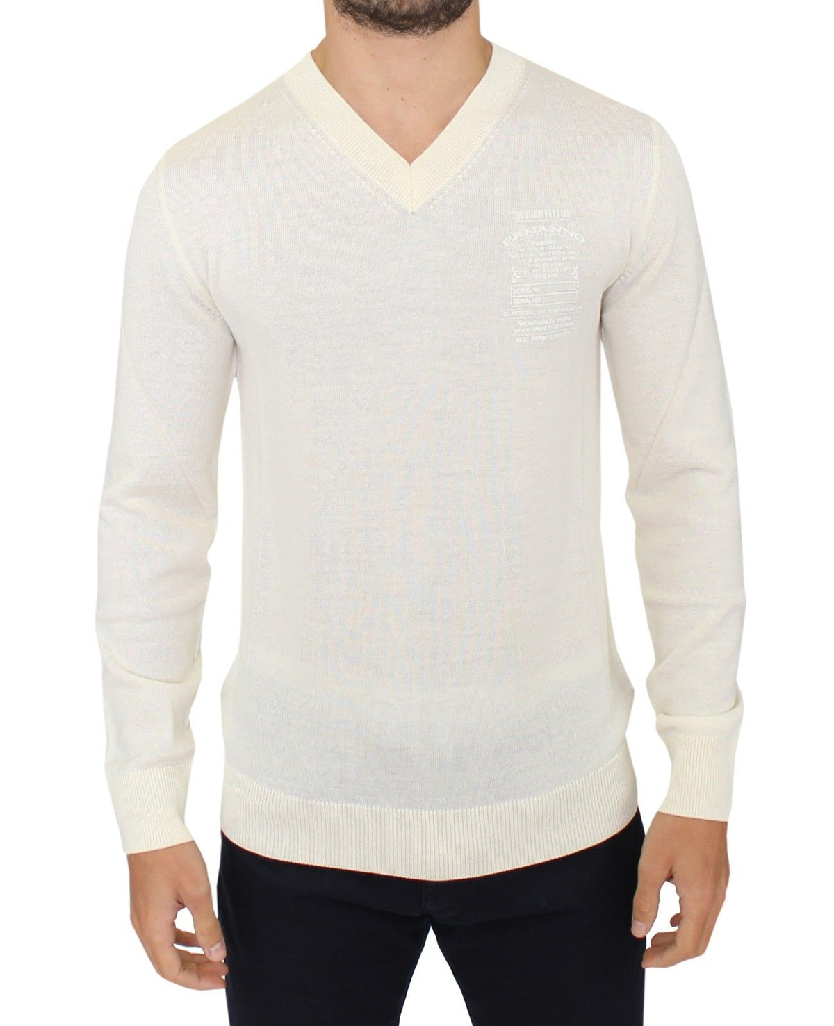 Off White Wool Blend V-neck Pullover Sweater - X excelência