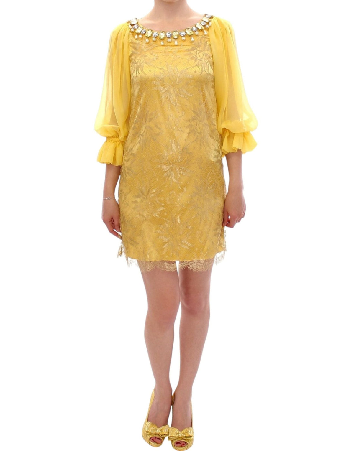 Yellow lace crystal mini dress - X excelência