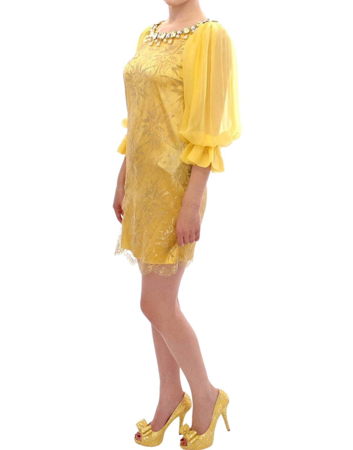 Yellow lace crystal mini dress - X excelência
