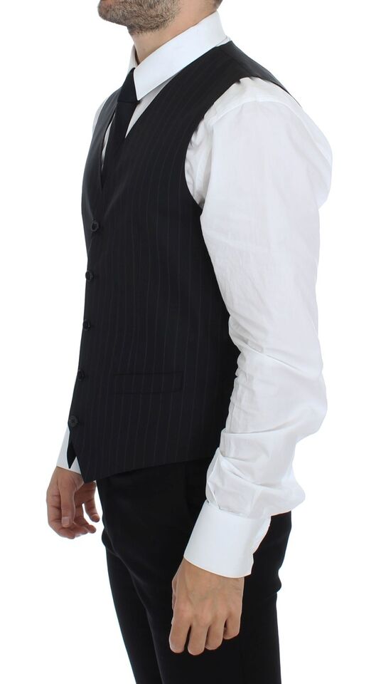 Black Striped Wool Silk Dress Vest Gilet - X excelência