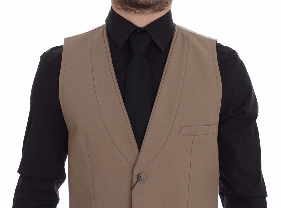 Beige Cotton Slim Fit Button Front Dress Vest - X excelência