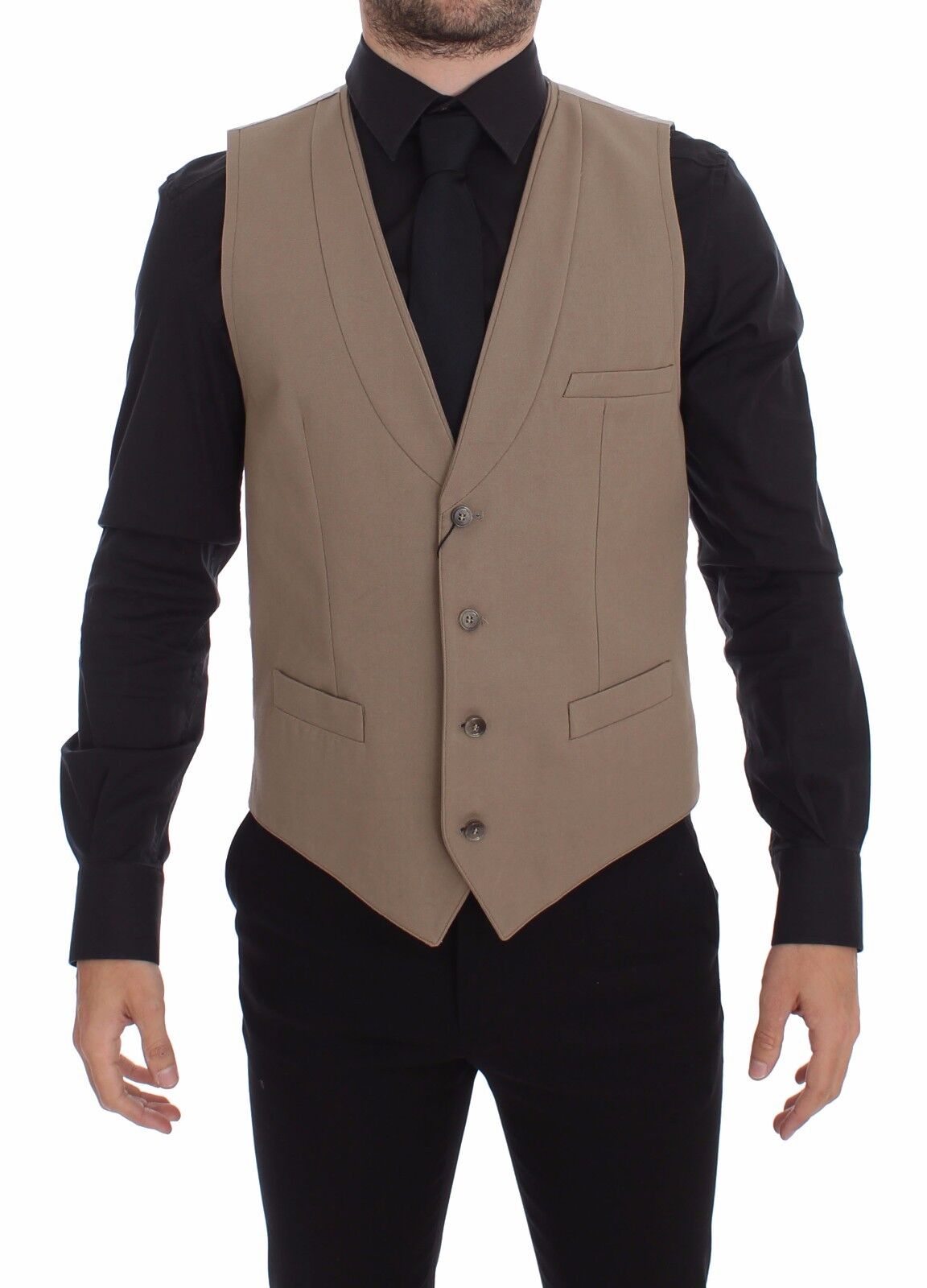 Beige Cotton Slim Fit Button Front Dress Vest - X excelência