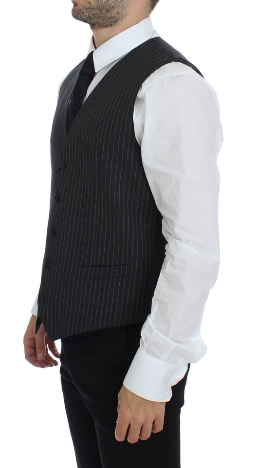 Gray Striped Wool Single Breasted Vest - X excelência