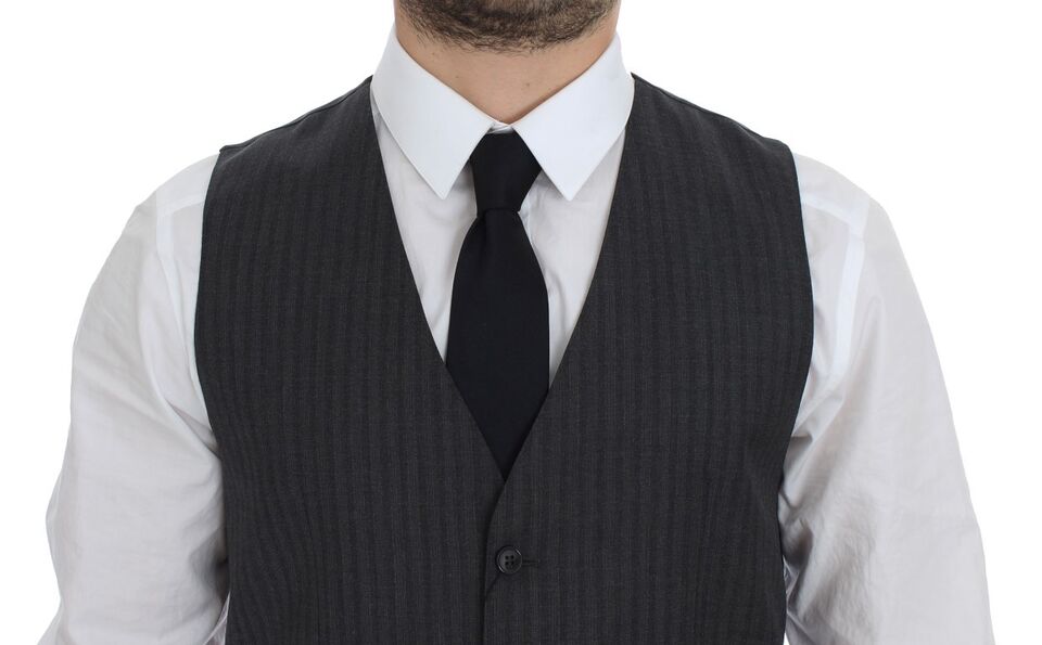 Black Striped Wool Single Breasted Vest - X excelência