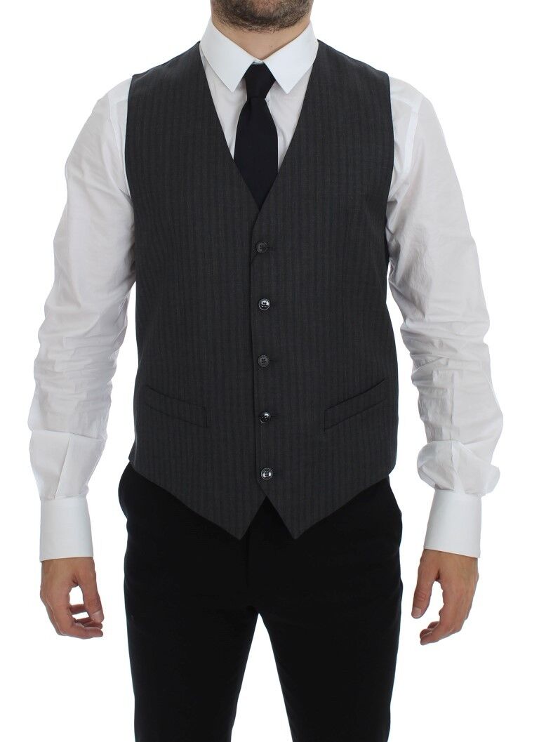 Black Striped Wool Single Breasted Vest - X excelência