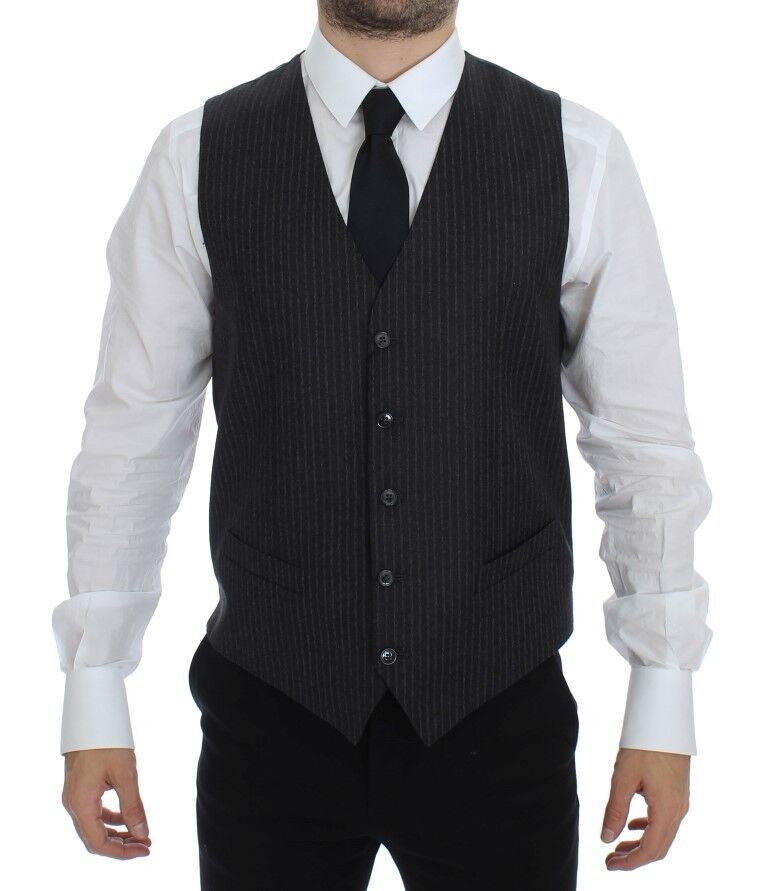 Gray Striped Wool Single Breasted Vest - X excelência