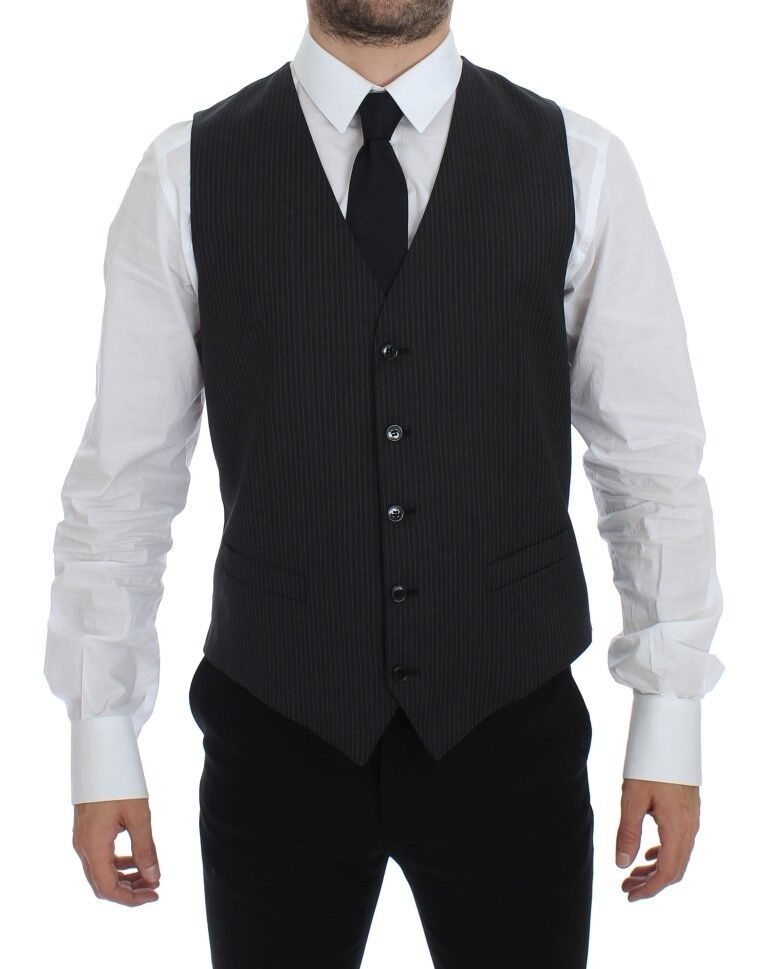 Gray Striped Wool Single Breasted Vest - X excelência