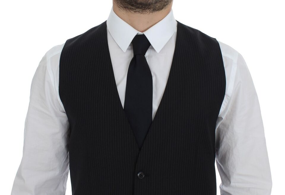 Black Striped Wool Single Breasted Vest - X excelência