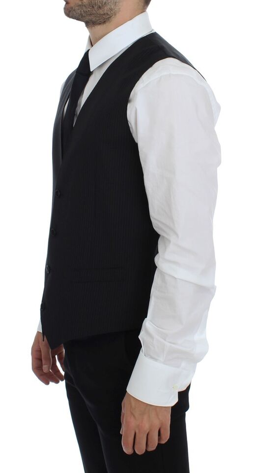 Black Striped Wool Single Breasted Vest - X excelência