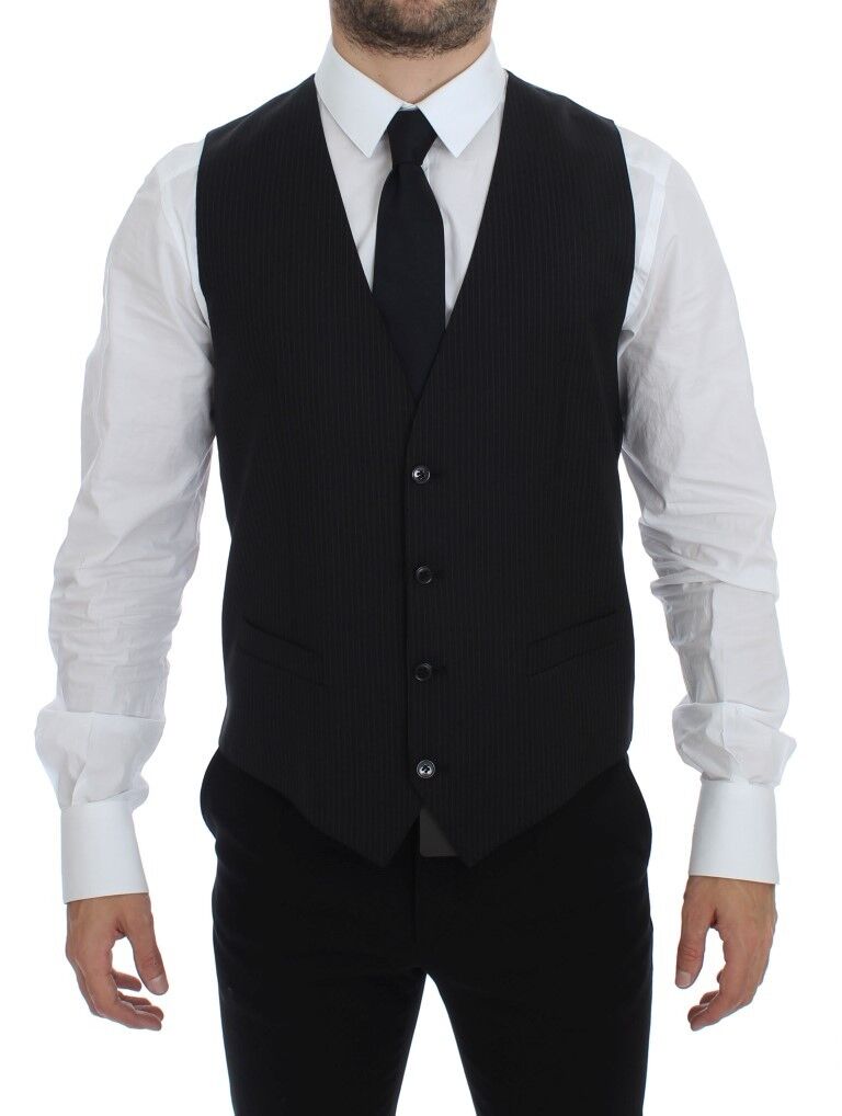 Black Striped Wool Single Breasted Vest - X excelência