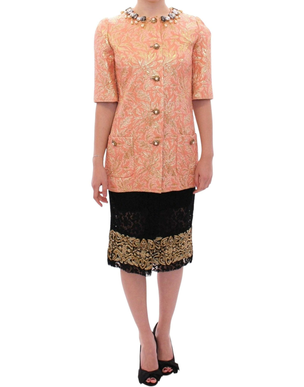 Pink Silk Brocade Crystal Jacket Coat - X excelência