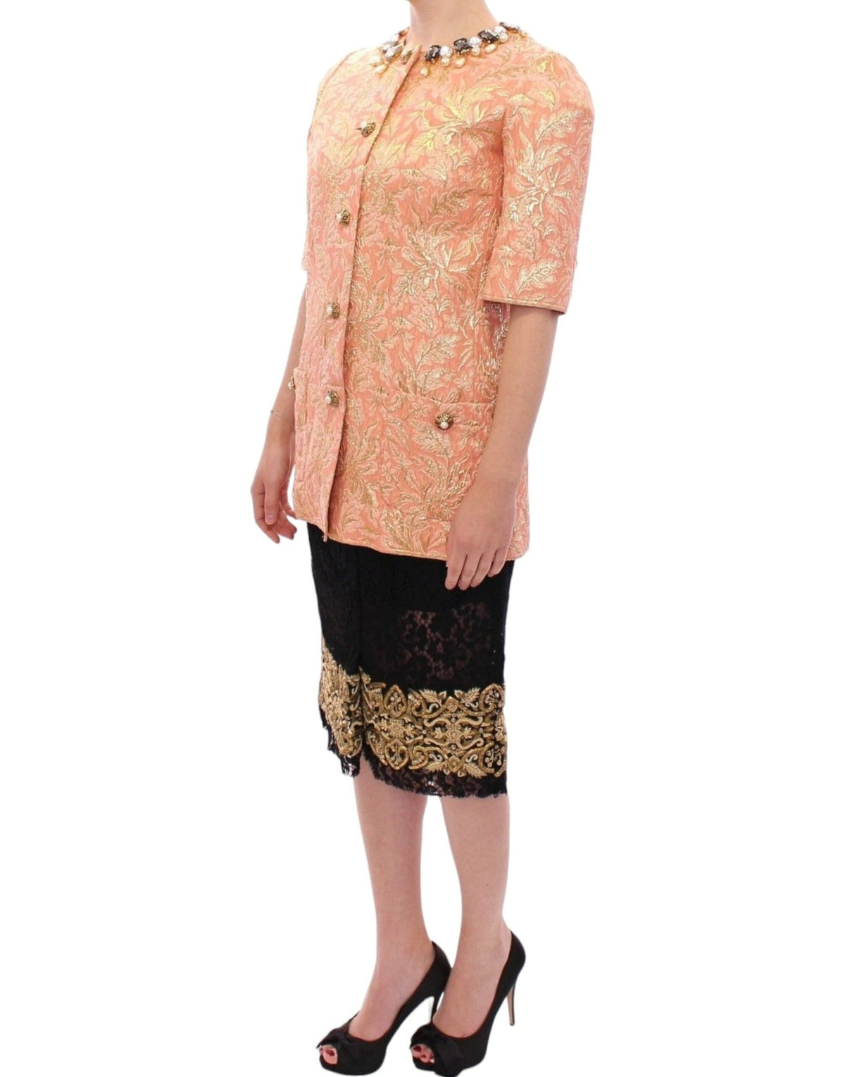 Pink Silk Brocade Crystal Jacket Coat - X excelência