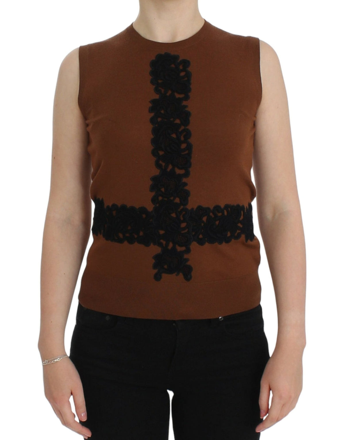 Brown Wool Black Lace Vest Sweater Top - X excelência