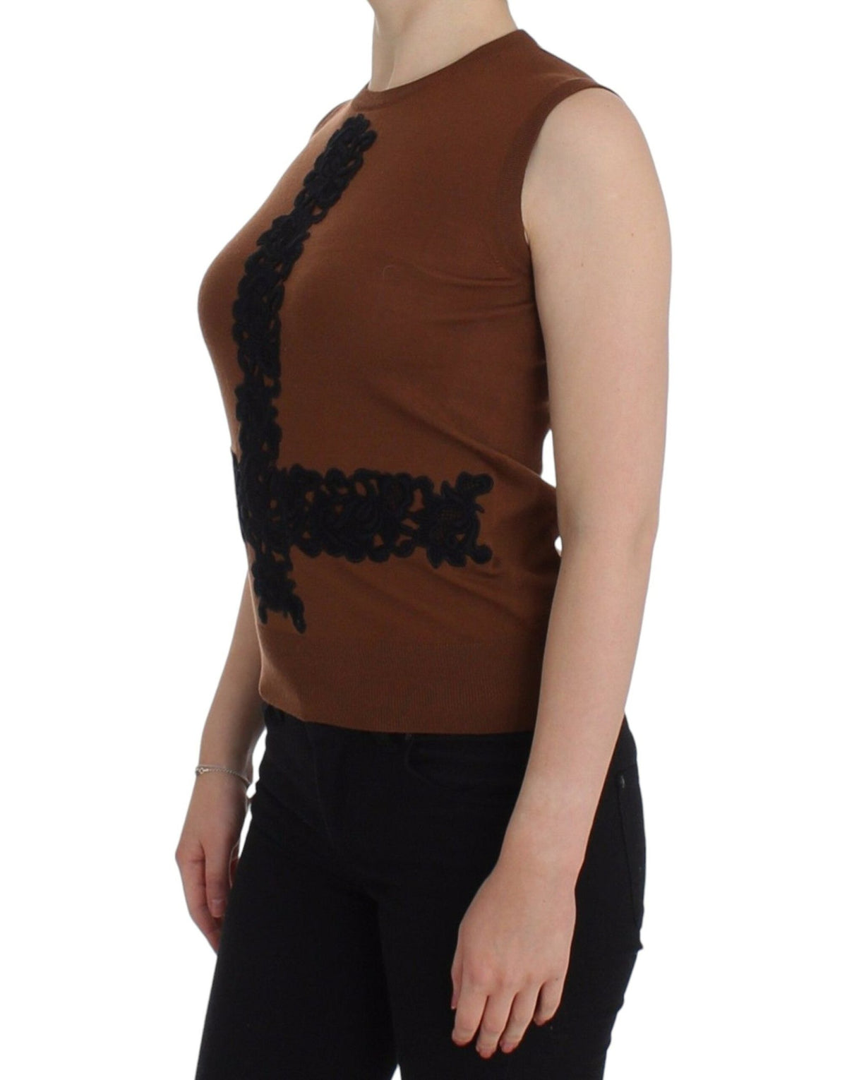 Brown Wool Black Lace Vest Sweater Top - X excelência