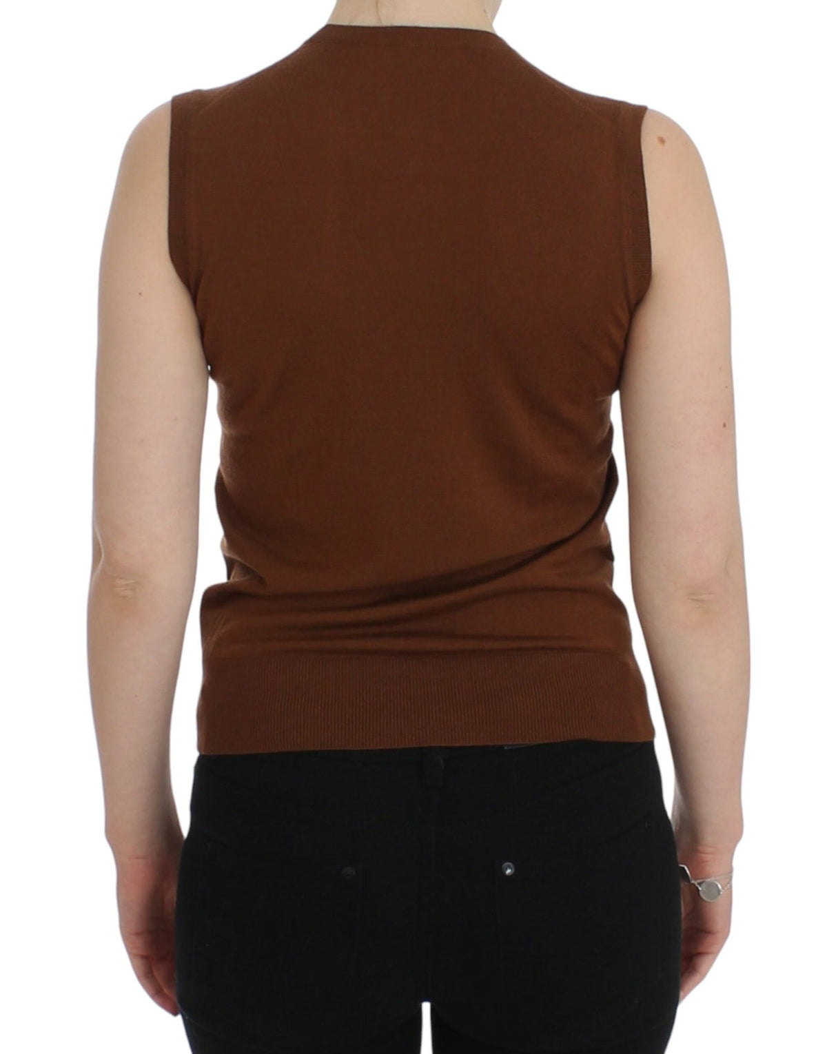 Brown Wool Black Lace Vest Sweater Top - X excelência