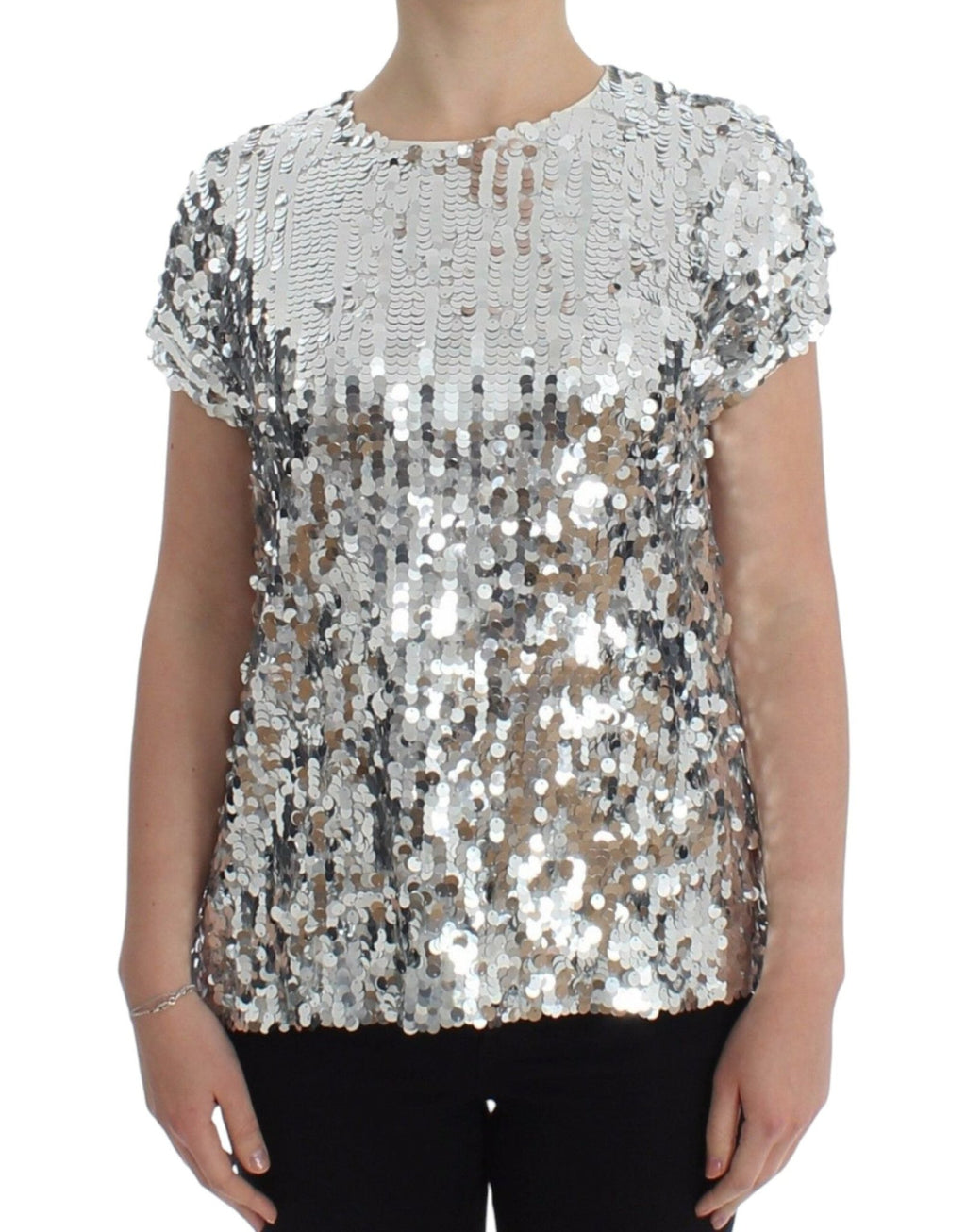 Silver Sequined Crewneck Blouse T-shirt Top - X excelência