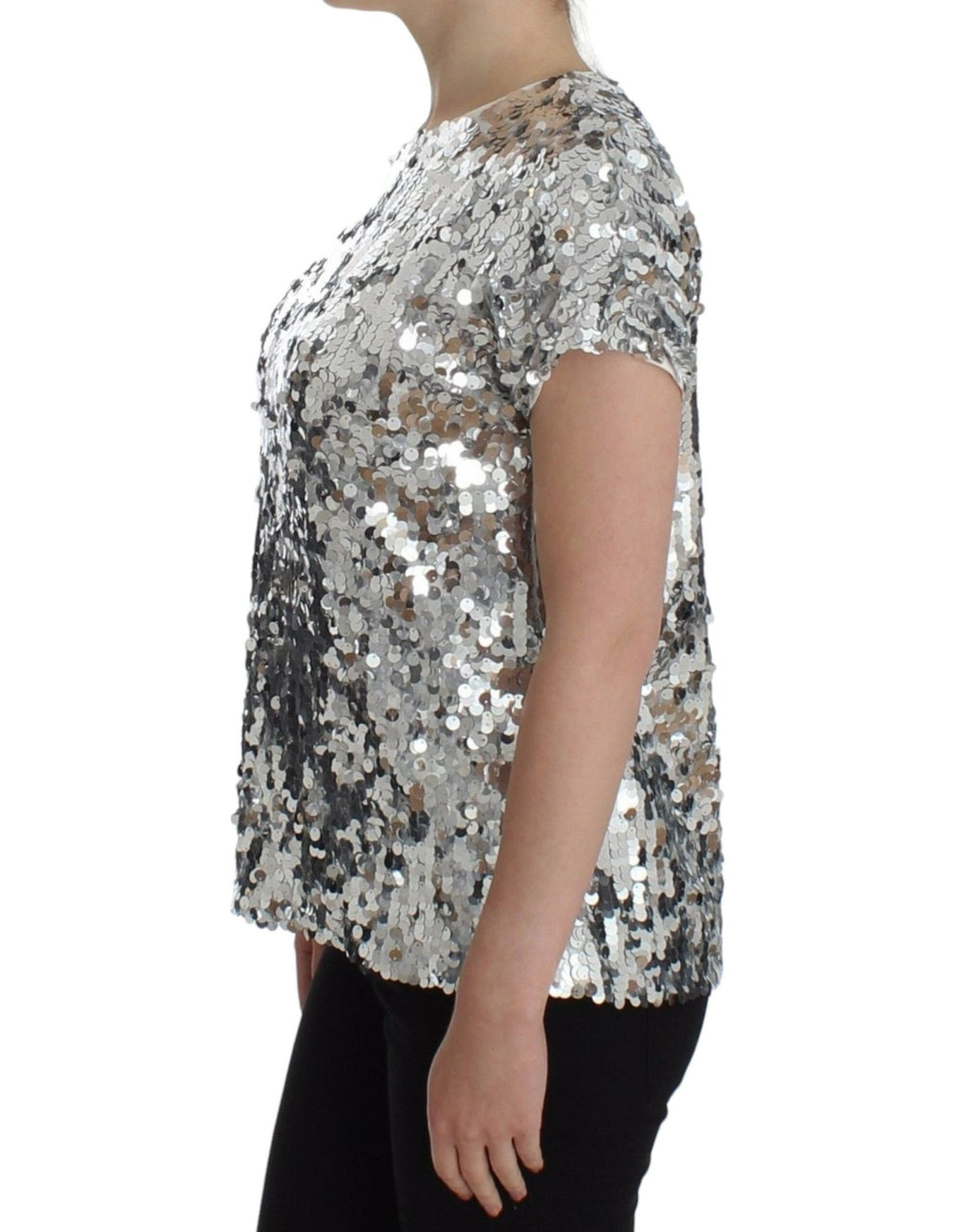 Silver Sequined Crewneck Blouse T-shirt Top - X excelência