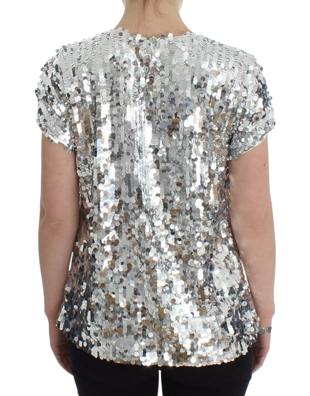 Silver Sequined Crewneck Blouse T-shirt Top - X excelência