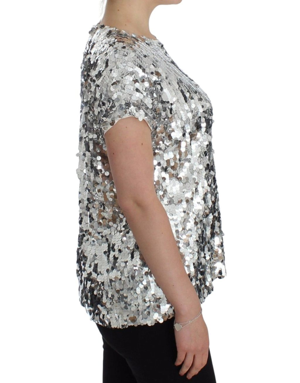 Silver Sequined Crewneck Blouse T-shirt Top - X excelência