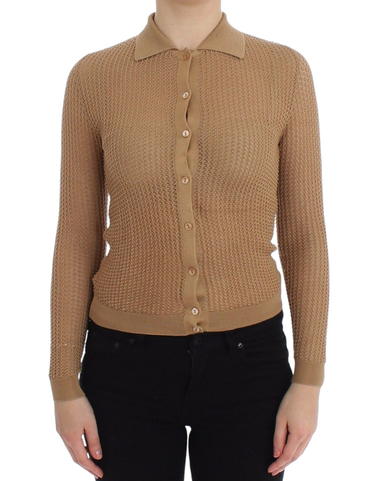 Beige Knitted Cotton Polo Cardigan Sweater - X excelência