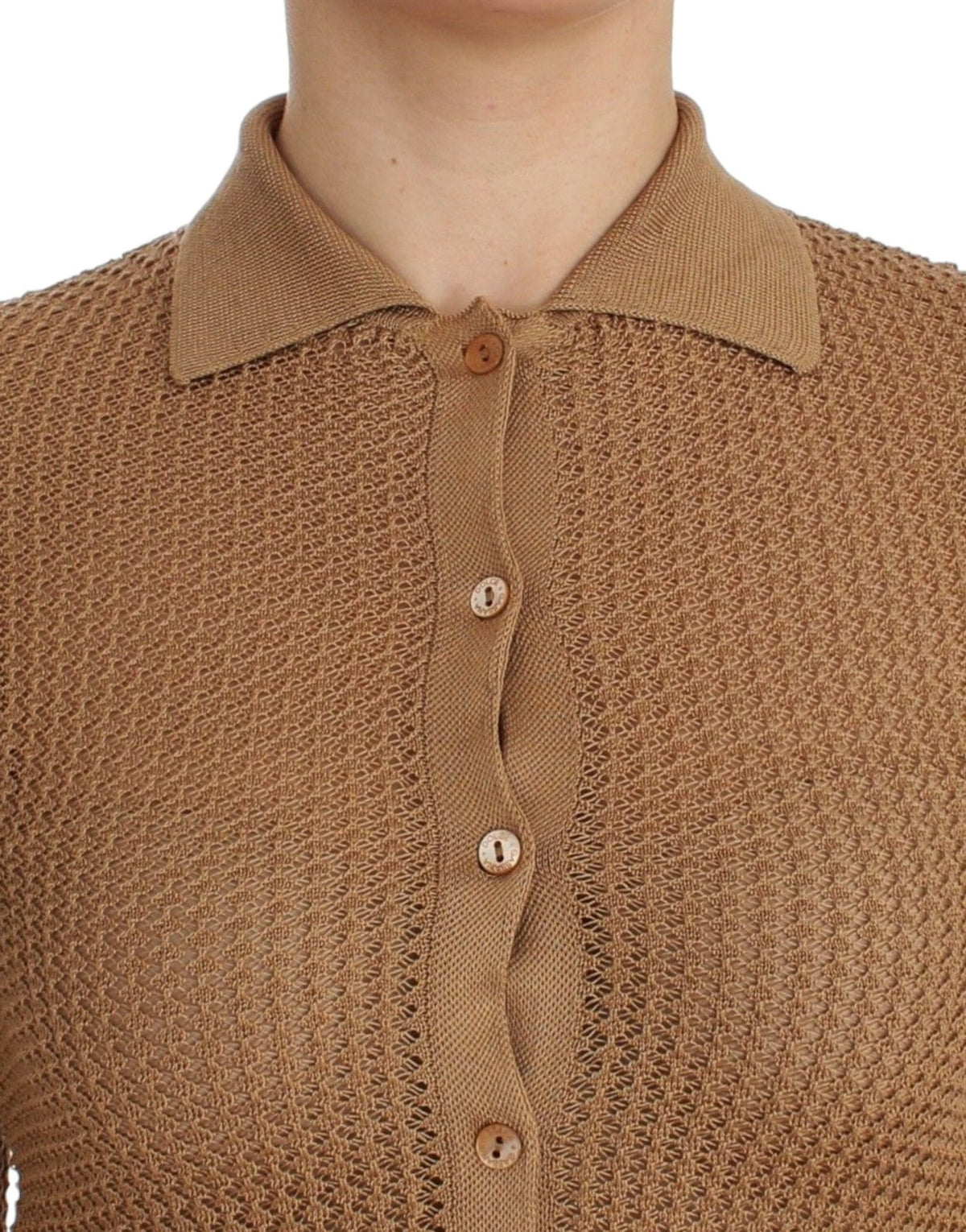 Beige Knitted Cotton Polo Cardigan Sweater - X excelência