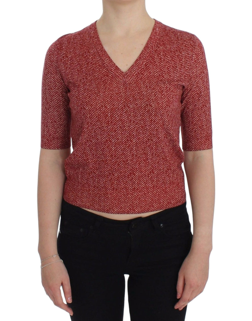 Red Wool Tweed Short Sleeve Sweater Pullover - X excelência