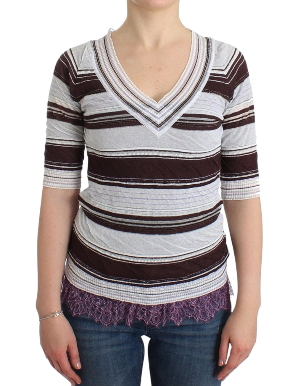 Striped Lace V-Neck Short Sleeve Top Sweater - X excelência