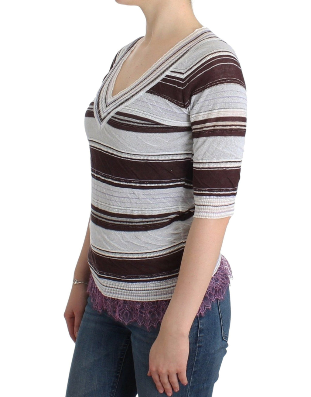 Striped Lace V-Neck Short Sleeve Top Sweater - X excelência