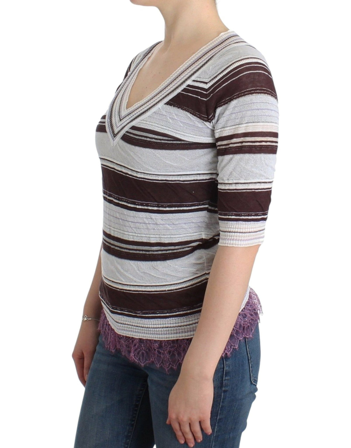 Striped Lace V-Neck Short Sleeve Top Sweater - X excelência
