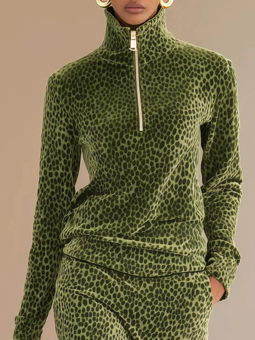 Leopard Print Velour Quarter-Zip Top and Skirt Set - X excelência