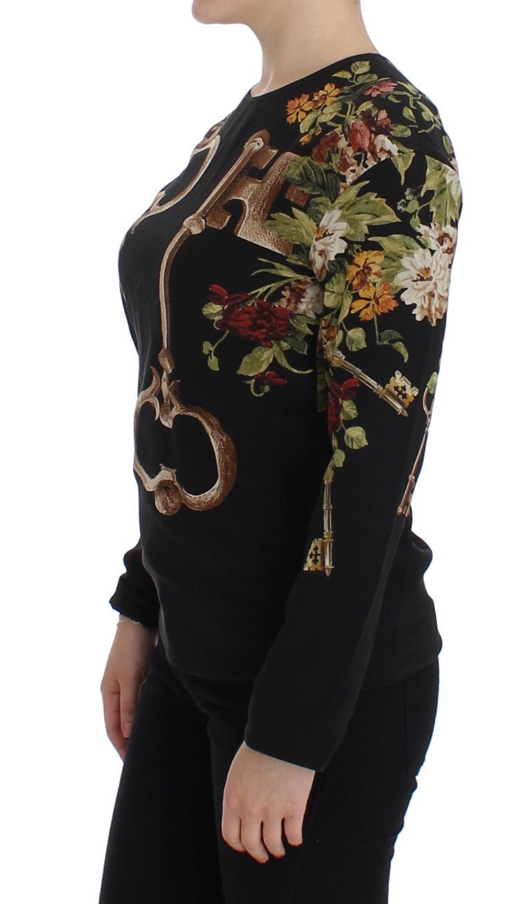 Black Key Floral Print Silk Blouse Top - X excelência