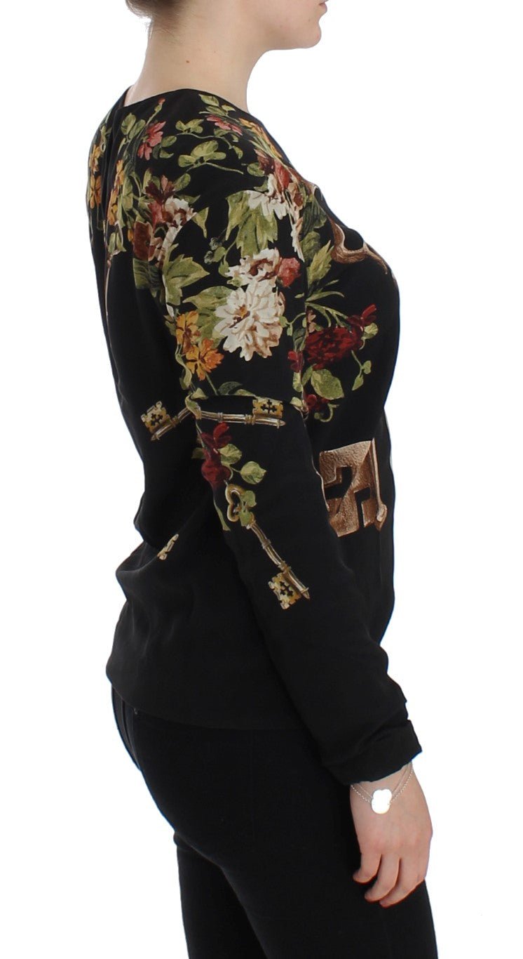 Black Key Floral Print Silk Blouse Top - X excelência