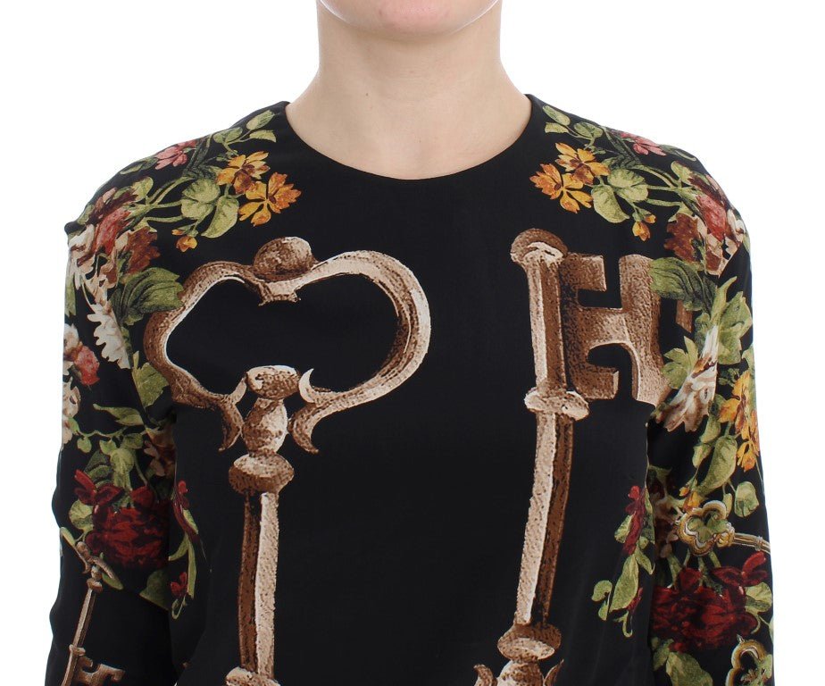 Black Key Floral Print Silk Blouse Top - X excelência