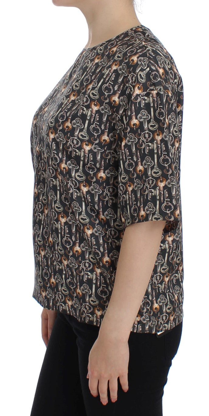 Gray Gold Key Print Silk Blouse T-shirt - X excelência