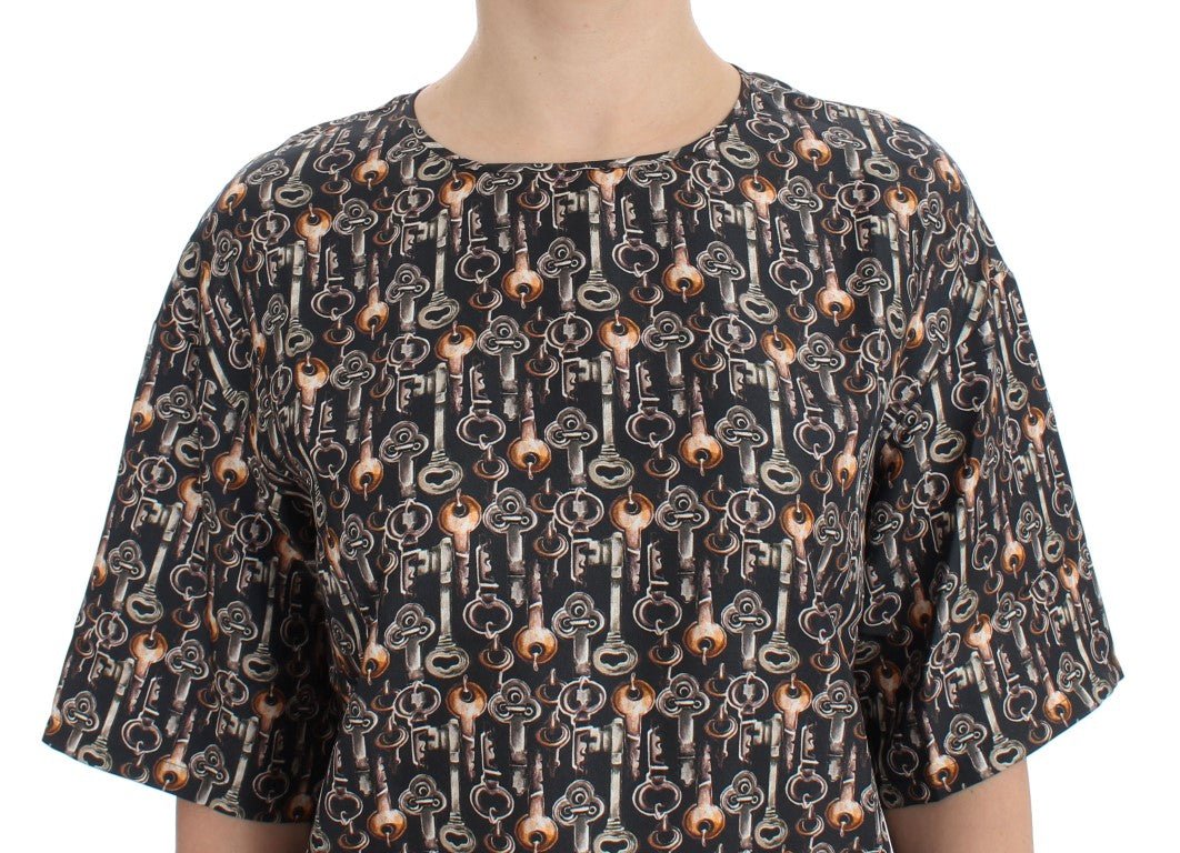 Gray Gold Key Print Silk Blouse T-shirt - X excelência