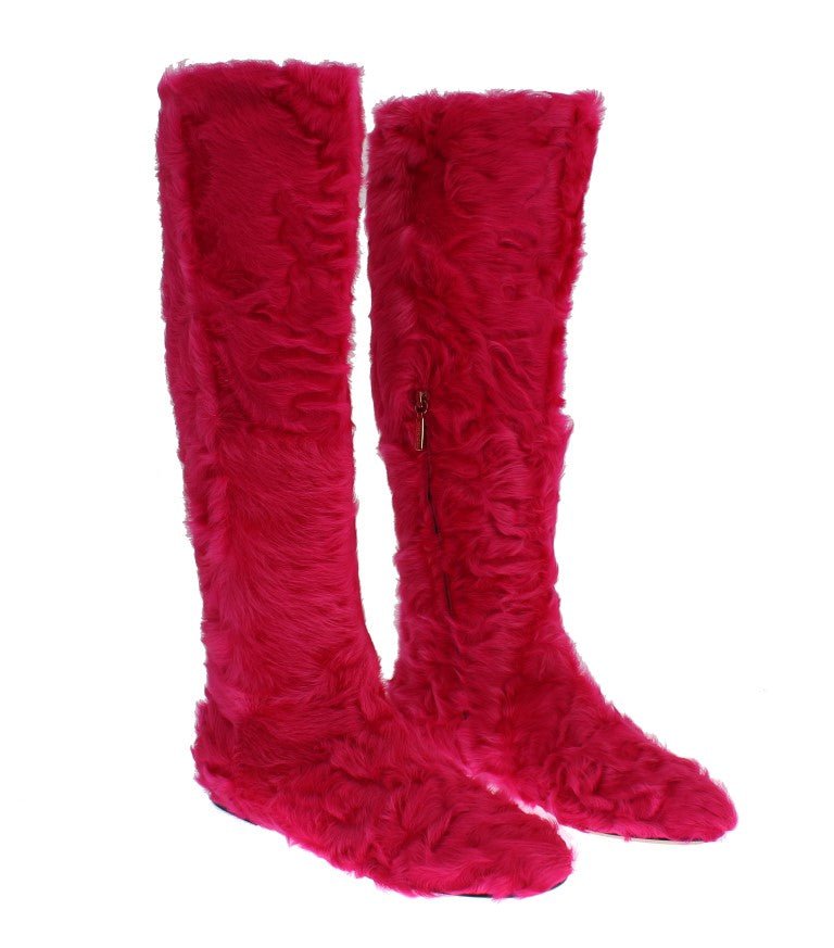Pink Lamb Fur Leather Flat Boots - X excelência
