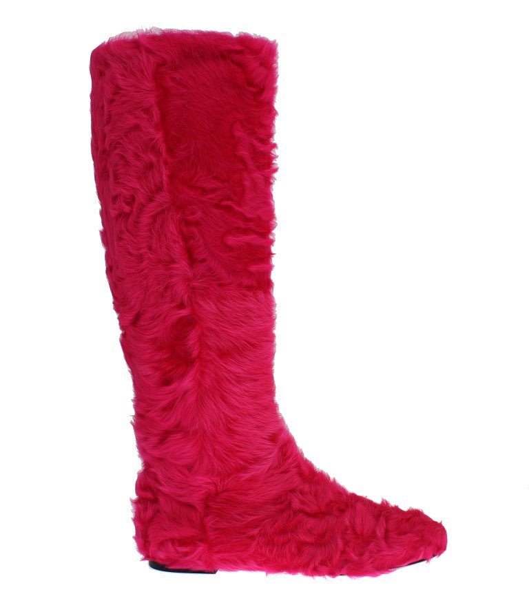 Pink Lamb Fur Leather Flat Boots - X excelência