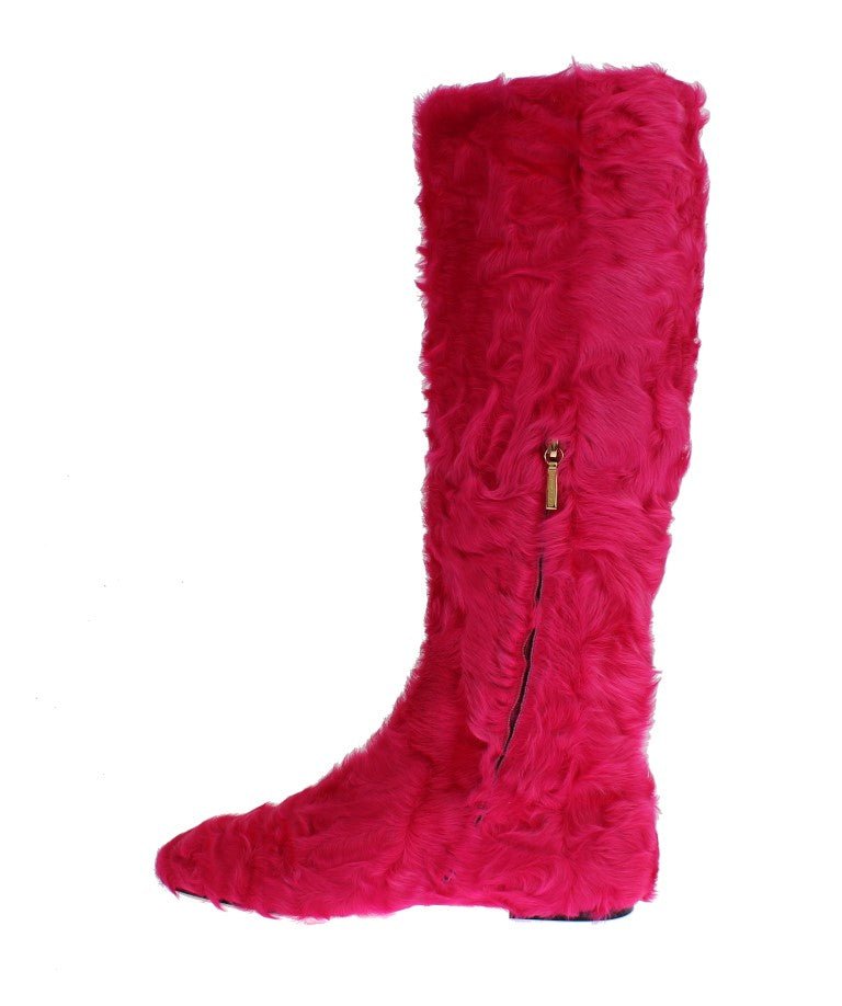 Pink Lamb Fur Leather Flat Boots - X excelência