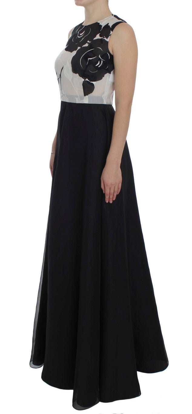 Black White Floral Silk Sheath Gown Dress - X excelência