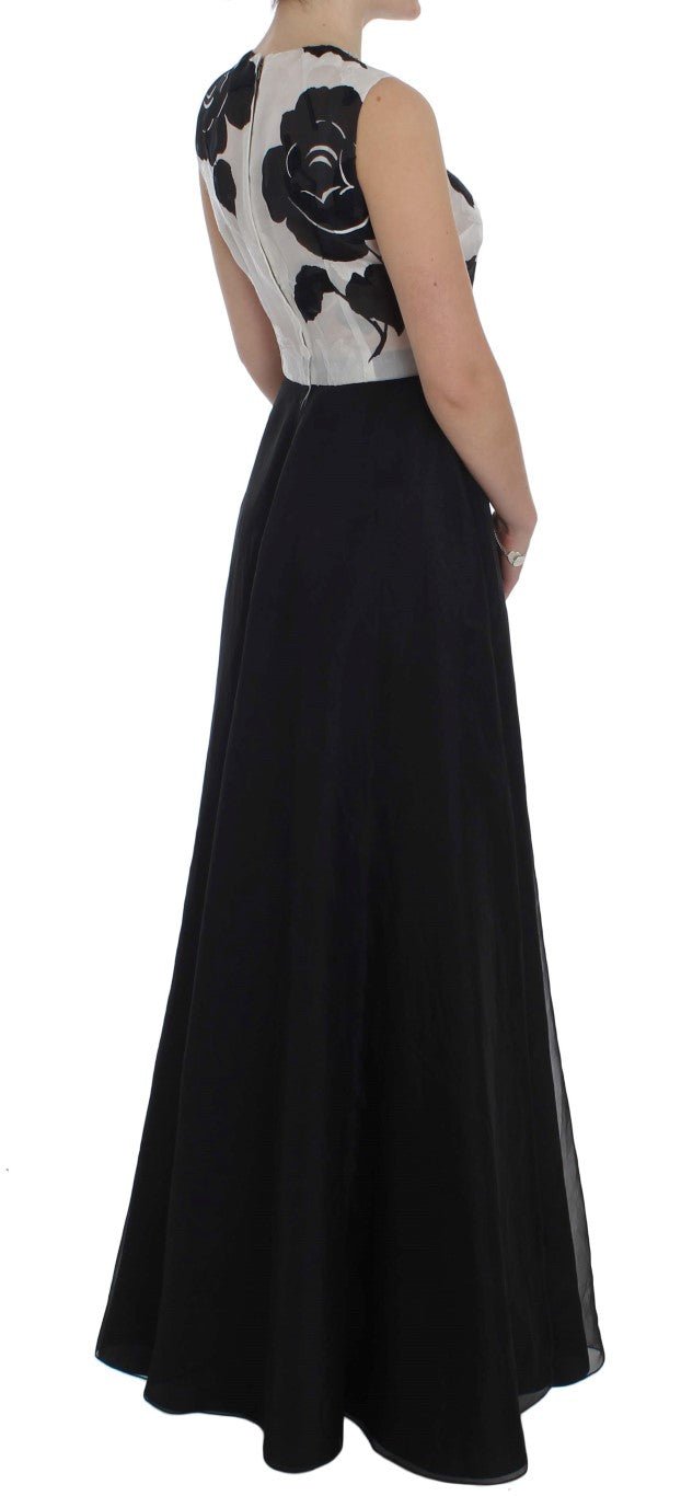 Black White Floral Silk Sheath Gown Dress - X excelência