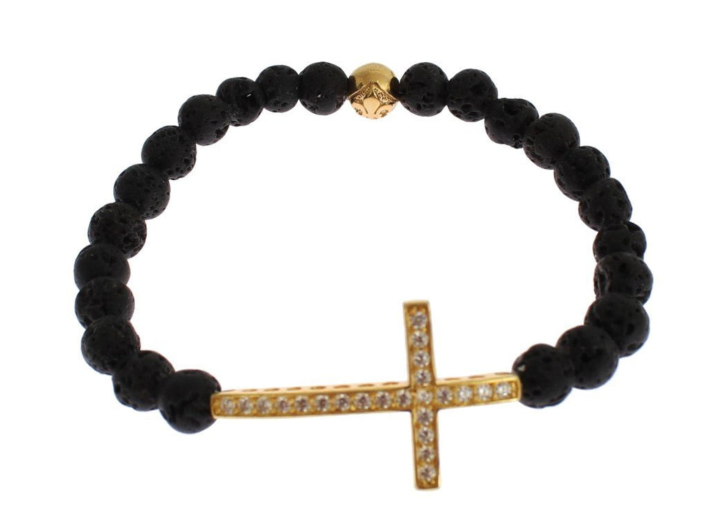 Lava Stone Gold Clear CZ Cross 925 Silver Bracelet - X excelência