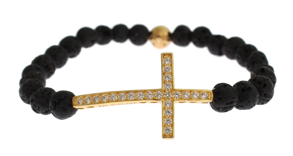 Lava Stone Gold Clear CZ Cross 925 Silver Bracelet - X excelência
