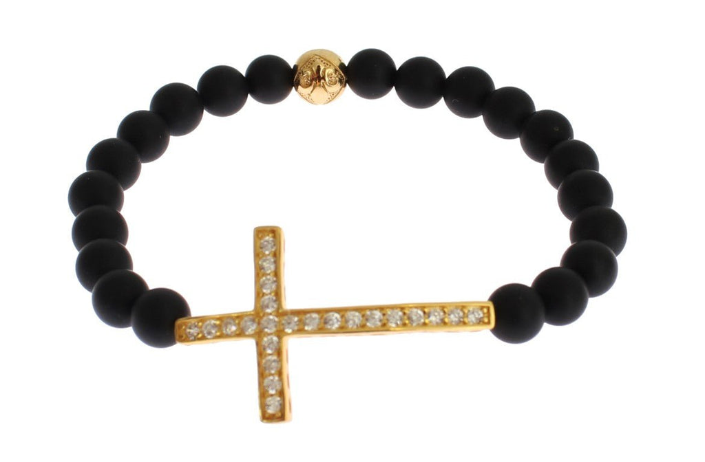 Matte Onyx Stone Gold CZ Cross 925 Silver Bracelet - X excelência