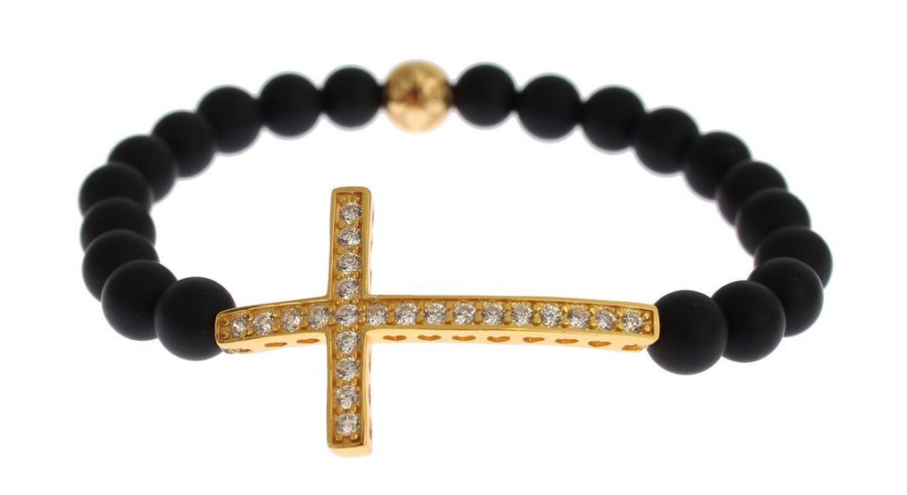 Matte Onyx Stone Gold CZ Cross 925 Silver Bracelet - X excelência