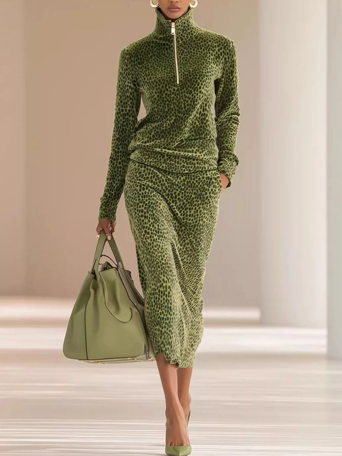 Leopard Print Velour Quarter-Zip Top and Skirt Set - X excelência