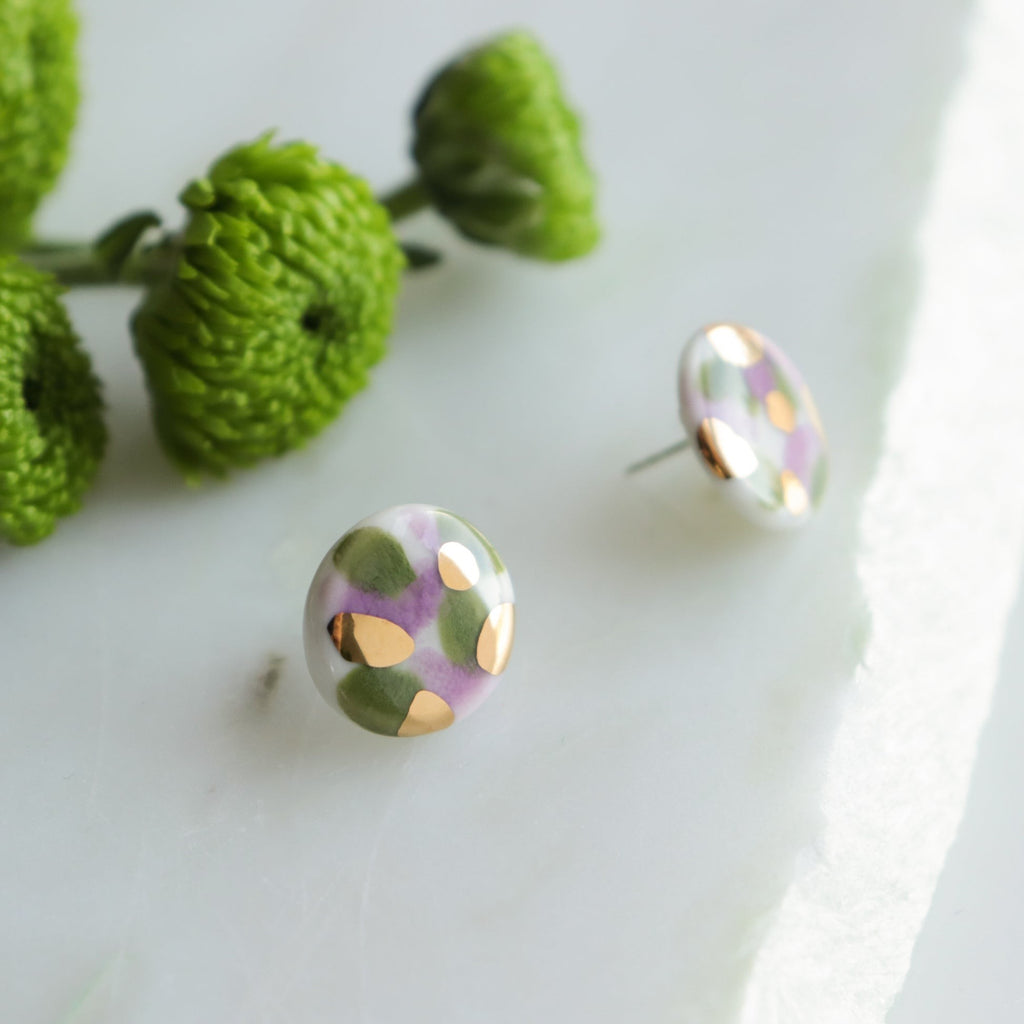 Porcelain Tache Studs -  Green and Violet